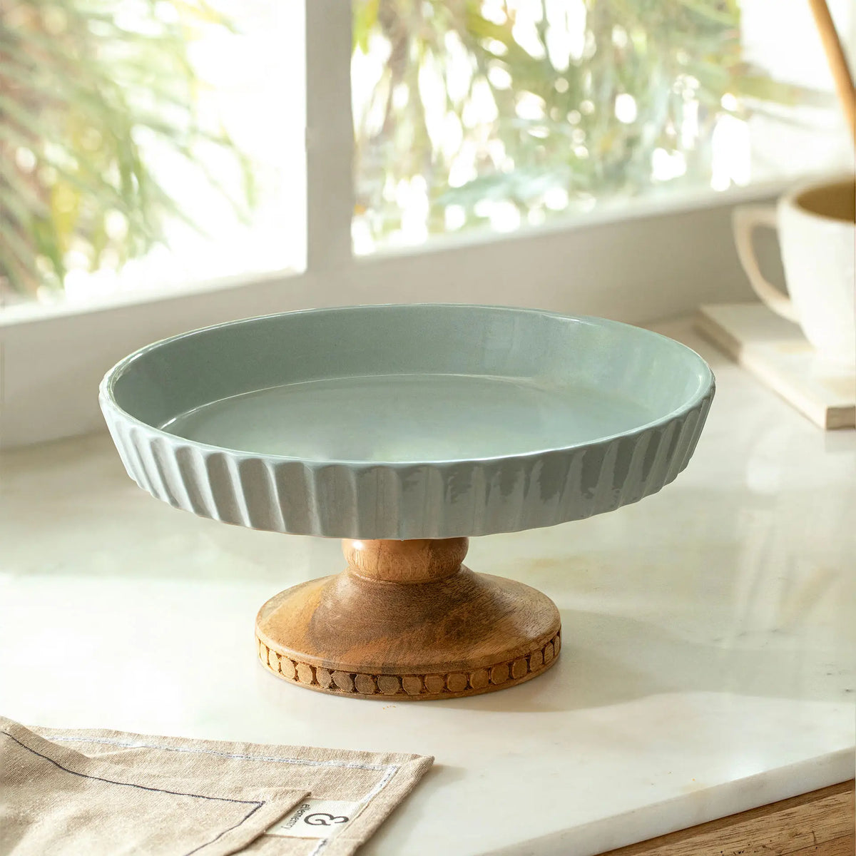 Upper Crust Ceramic Cake Stand with Wooden Server