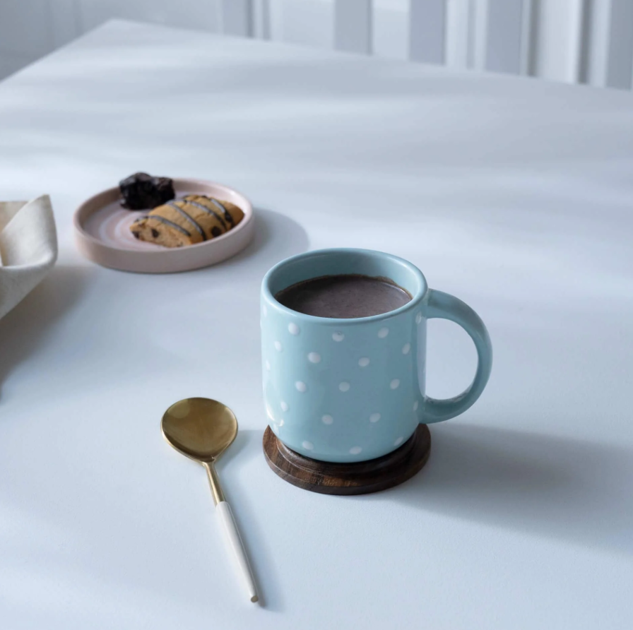 Blue Polka Dot Ceramic Mug with Wooden Lid