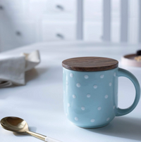 Blue Polka Dot Ceramic Mug with Wooden Lid
