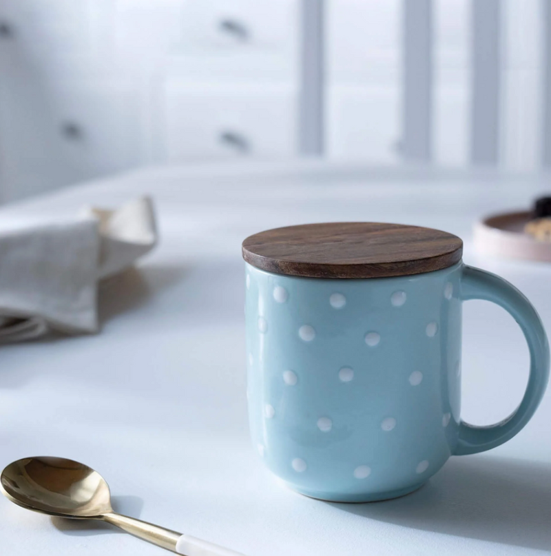 Blue Polka Dot Ceramic Mug with Wooden Lid