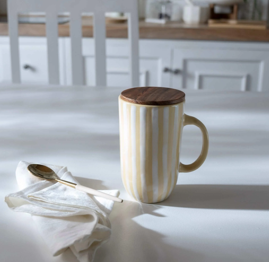 Striped Lemon Ceramic Mug with Wooden Lid