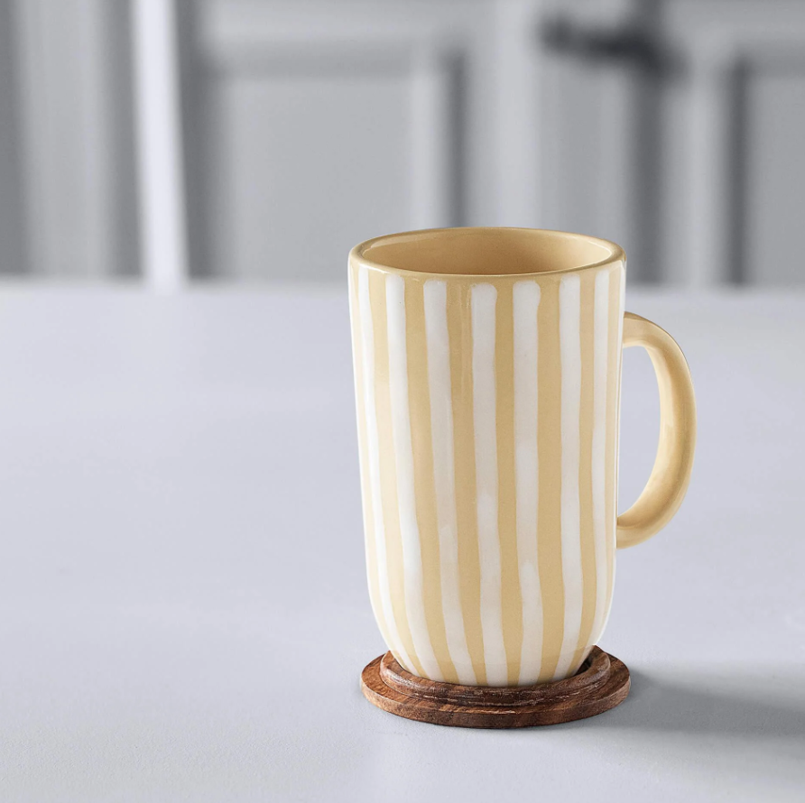 Striped Lemon Ceramic Mug with Wooden Lid