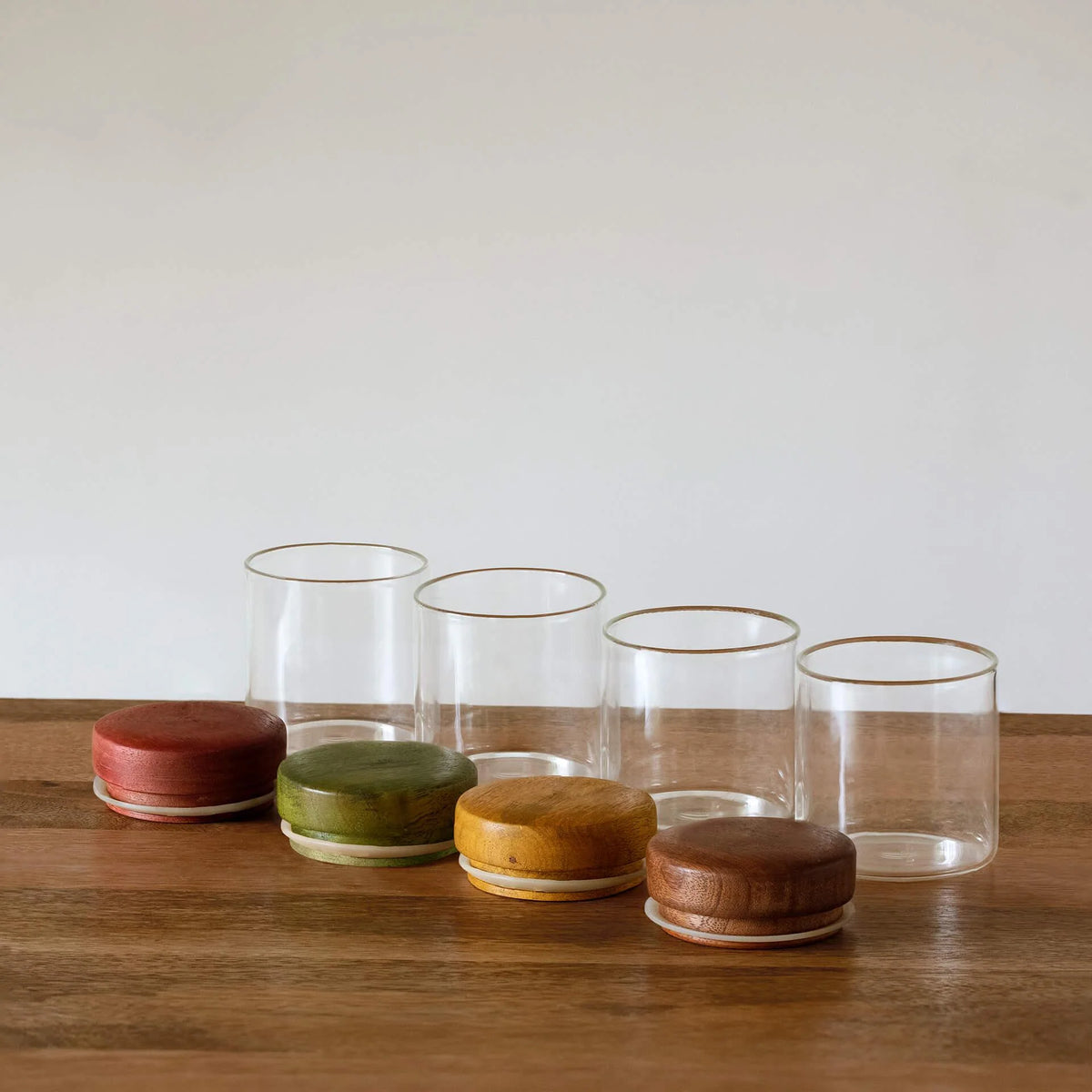 Set of 4 Glass Jars with Multicolour Wooden Lids