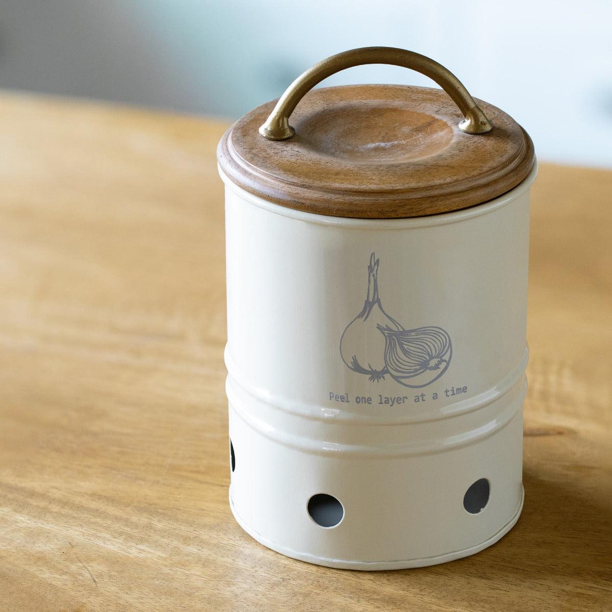 Egg Shell Metal Onion Storage Bin With Wooden Lid