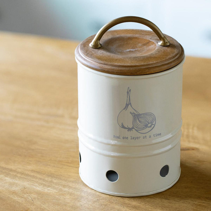 Egg Shell Metal Onion Storage Bin With Wooden Lid