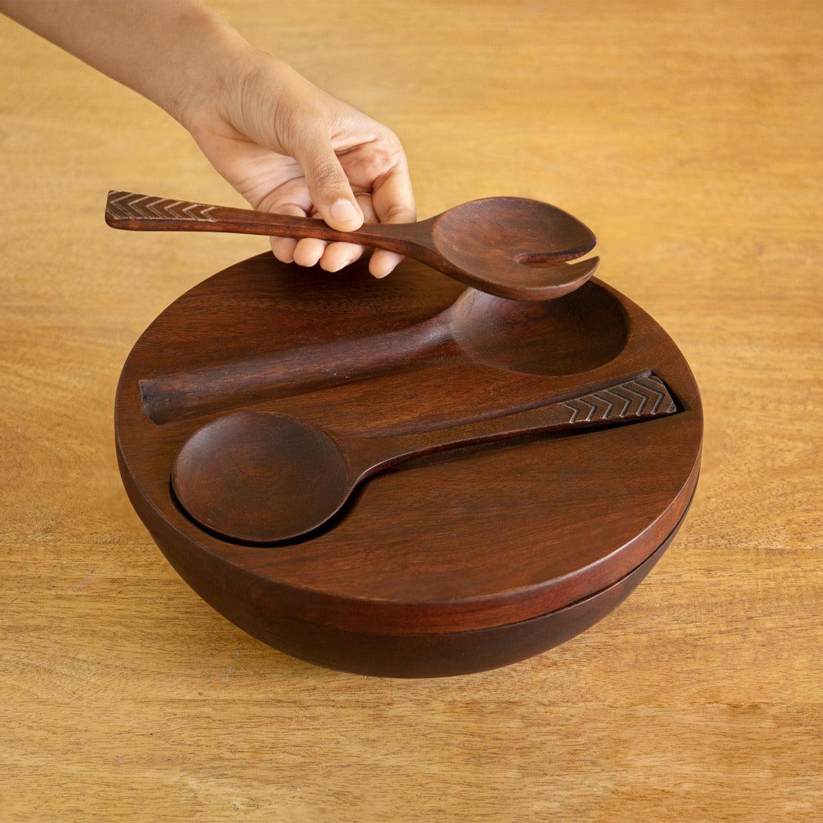Zest Wooden Salad Bowl With Lid & 2 Server Spoons